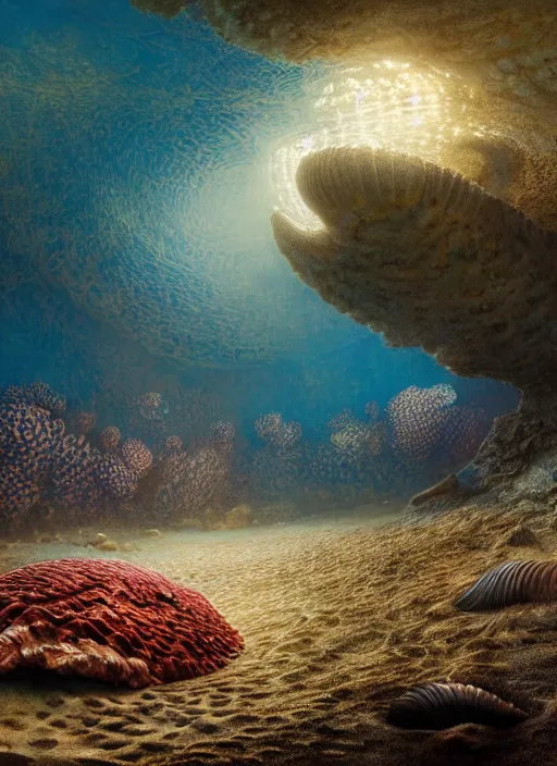 Prompt: sea shell under the sea, corals, sand, volumetric light, dramatic, wide angle, intricate, ornate, digital art, 4 k, artistic beautifully, by jim burns and greg rutkowski, john atkinson grimshaw