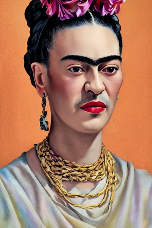 Prompt: portrait of frida kahlo wearing high fashion, staring directly into camera, intricate, elegant, glowing lights, highly detailed, digital painting, artstation, sharp focus, illustration, art by wlop, mars ravelo and greg rutkowski