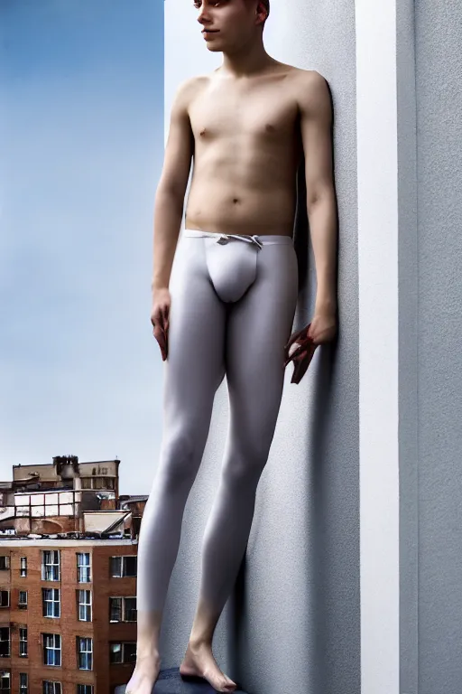 Image similar to un ultra high definition studio quality photographic art portrait of a young man standing on the rooftop of a british apartment building wearing soft padded silver pearlescent clothing. three point light. extremely detailed. golden ratio, ray tracing, volumetric light, shallow depth of field. set dressed.