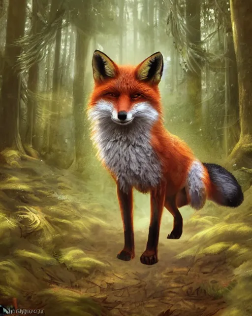 Image similar to Fox, Anthropomorphized, singing in forest, portrait, wearing hat, magical notes, fairy atmosphere, magic the gathering artwork, D&D, fantasy, cinematic lighting, centered, symmetrical, highly detailed, digital painting, artstation, concept art, smooth, sharp focus, illustration, volumetric lighting, epic Composition, 8k, art by Akihiko Yoshida and Greg Rutkowski and Craig Mullins, oil painting, cgsociety