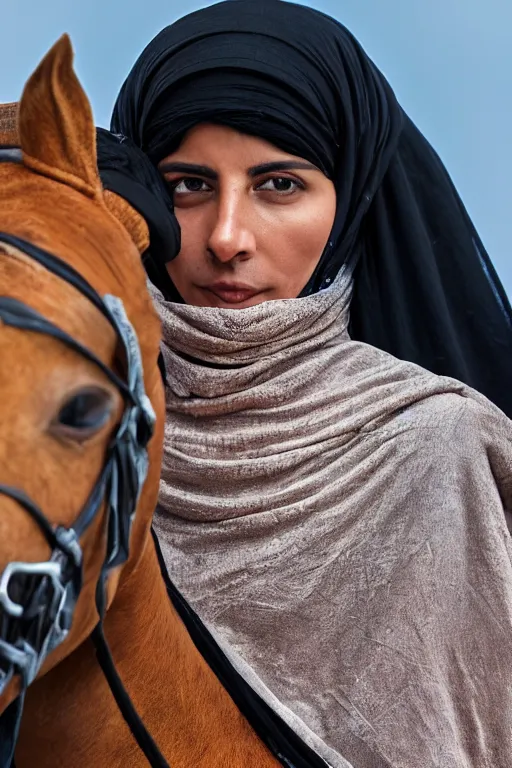 Image similar to hyperrealistic portrait from middle eastern burqa woman riding horse, with riffle in her chest, super highly detail, accurate boroque, without duplication content, white border frame, medium close up shot, justify content center, symmetrical, incrinate, cinematic, dust, award winning photos