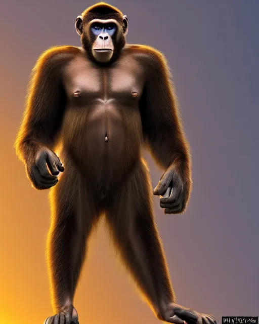 Image similar to fury art, an anthro ape monkey wearing a fantasy armor, jungle background, large cape, 3 d, 8 k, extremely detailed, trending on furaffinity, trending on artstation, award winning, sharp focus, illustration
