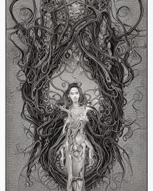 Image similar to centered beautiful detailed side view profile portrait of a insane, crazed, mad vampire old woman, ornate bleeding tentacles growing around, ornamentation, thorns, vines, tentacles, elegant, beautifully soft lit, full frame, by wayne barlowe, peter mohrbacher, kelly mckernan, h r giger