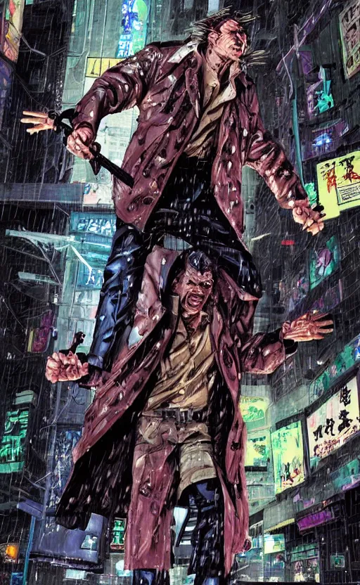 Prompt: Grizzled Trenchcoat detective fighting in the rain. Detailed dynamic anatomical proportions. Anti-hero leaping into action POV. Cybernetic kung-fu action shot. Dynamic, delirious, creative panel style by Bill Sienkiewicz. Heavy chromatic abberation. Visual distortion. Sci-Fi cyberpunk Comic page made up of art by the best artists Trending on Artstation. Octane render, Raytracing, 3d masterpiece, fantastic lighting by James Gurney. Noir detective genre.