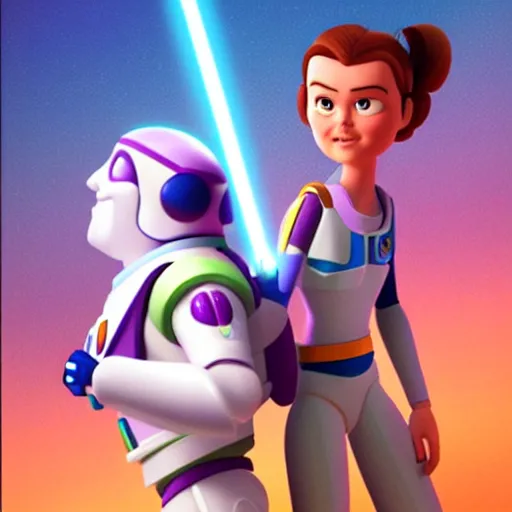 Image similar to rey skywalker holding hands with buzz lightyear, digital art, tending on artstation