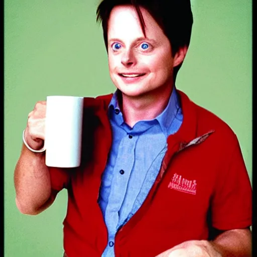 Prompt: Michael J Fox drinking holding a poop emoji mug
