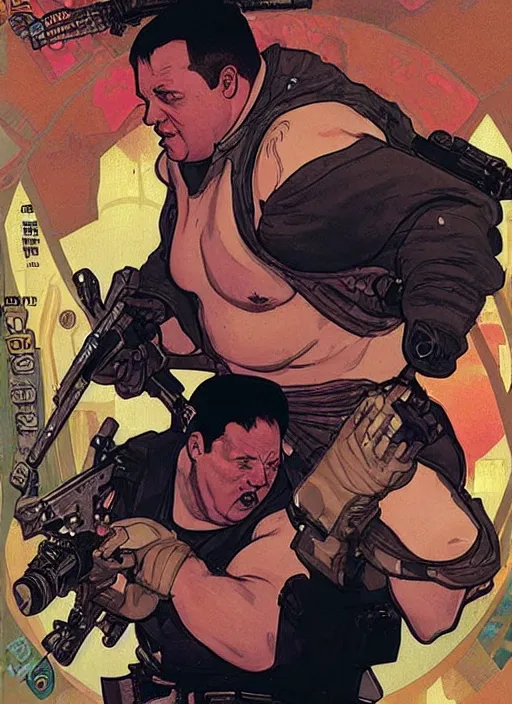 Image similar to cyberpunk paul blart fighting kickboxer. portrait by ashley wood and alphonse mucha and laurie greasley and josan gonzalez and james gurney. spliner cell, apex legends, rb 6 s, hl 2, d & d, cyberpunk 2 0 7 7. realistic face. vivid color. dystopian setting.