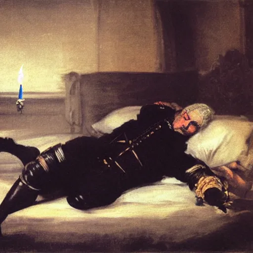 Image similar to Francisco Goya painting of Geralt of Rivia (The Witcher) lounging in his bedroom, candlelit, dramatic