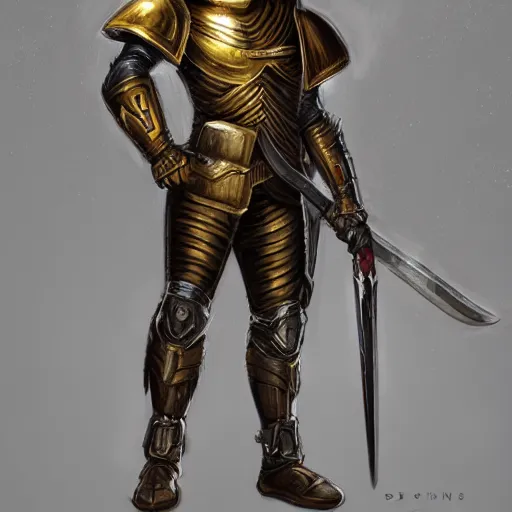 Prompt: Full body portrait of a futuristic super-soldier wearing roman style mechanized body armor and wielding a gold-slaying sword, D&D, fantasy, elegant, hopeful, muscular, gothic, futuristic, intelligent, highly detailed, digital painting, artstation, concept art, smooth, sharp focus, illustration