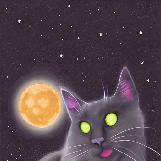 Prompt: black cat with glowing eyes looking up at the moon in a very dark open field at midnight with fireflies in the air and lots of stars in the sky, digital painting, highly detailed, magical, beautiful