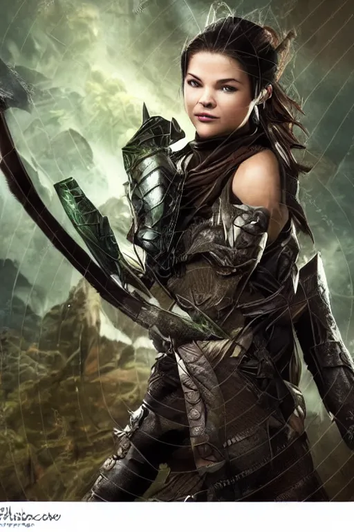 Prompt: fantasy character photo. female ranger. danielle campbell. manic grin, yandere. tall, lanky, athletic, wiry. brown & dark forestgreen leather armor. small tilted lightgreen feathered cap worn at jaunty angle. black hair in ponytail. bright blue eyes. consulting in secret with an unseen, shadowy informant