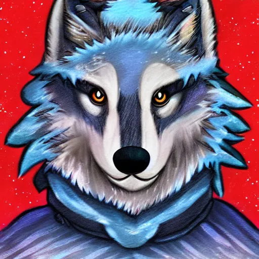 Image similar to aesthetic portrait commission of an anthro anthropomorphic wolf wearing a cute cozy soft pastel winter outfit winter Atmosphere. detailed, inked, western comic book art, award winning painting