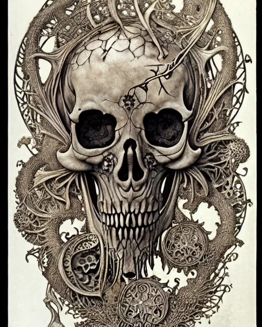 Image similar to memento mori by arthur rackham, art forms of nature by ernst haeckel, exquisitely detailed, art nouveau, gothic, ornately carved beautiful skull dominant, intricately carved antique bone, art nouveau botanicals, ornamental bone carvings, art forms of nature by ernst haeckel, horizontal symmetry, arthur rackham, ernst haeckel, symbolist, visionary