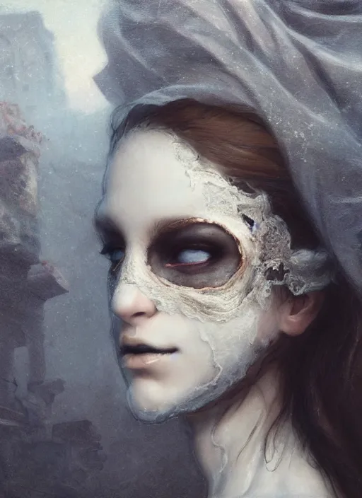 Prompt: close up of a veiled half scull mask girl on the ruins temple, looking at the camera very curiously, smog on the floor, extremely beautiful and aesthetic and attractive detailed face and body, chiaroscuro, dynamic pose, fantasy illustrations, by makoto shinkai and jeremy lipking and ferdinand knab