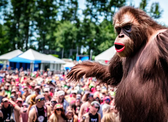 Image similar to photo still of sasquatch on stage at vans warped tour!!!!!!!! at age 4 8 years old 4 8 years of age!!!!!!! throwing rocks and berries at the crowd, 8 k, 8 5 mm f 1. 8, studio lighting, rim light, right side key light