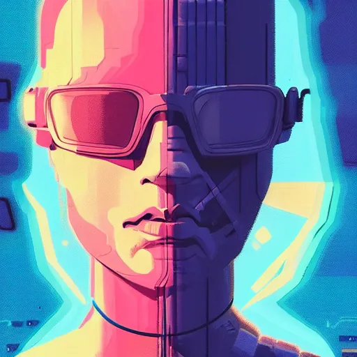 Image similar to a graph - style gouache impasto huge robot head in front of her, cyberpunk art by by james gilleard, cgsociety, retrofuturism, synthwave, retrowave, outrun