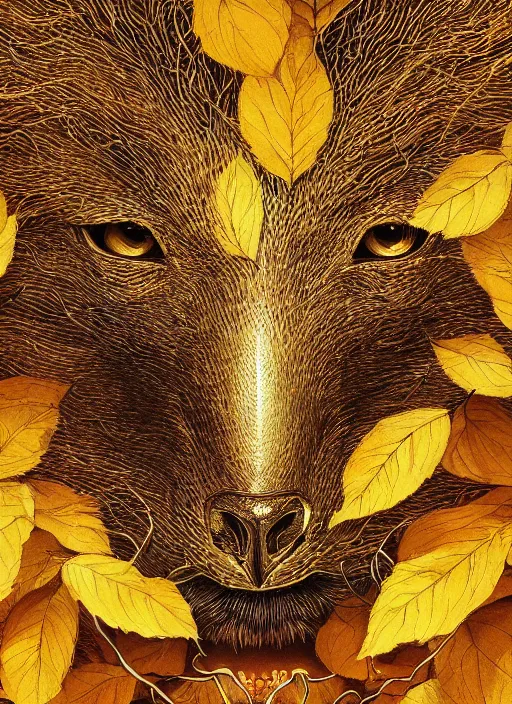 Image similar to golden leaves at frame border, creative!!! composition for a book cover, absurdly beautiful, ultrafine hyperrealistic detailed animal face by wlop and artgerm and greg rutkowski, intricate linework, sharp focus, smooth, plain background, unreal engine, dramatic lighting, ethereal, 8 k