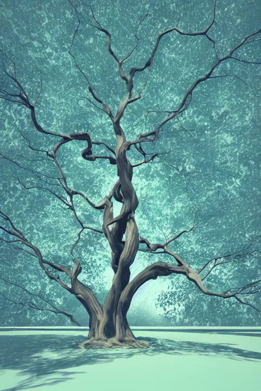 Image similar to a ancient knotted tree connected to space and time, calm, tranquil, faded effect, detailed, vaporwave colors, render by substance designer,