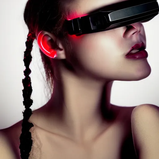 Prompt: photo of young woman, close up, wearing cyberpunk vr goggles, robotic implants over face with small led lights, white background, fine art photography in the style of Bill Henson