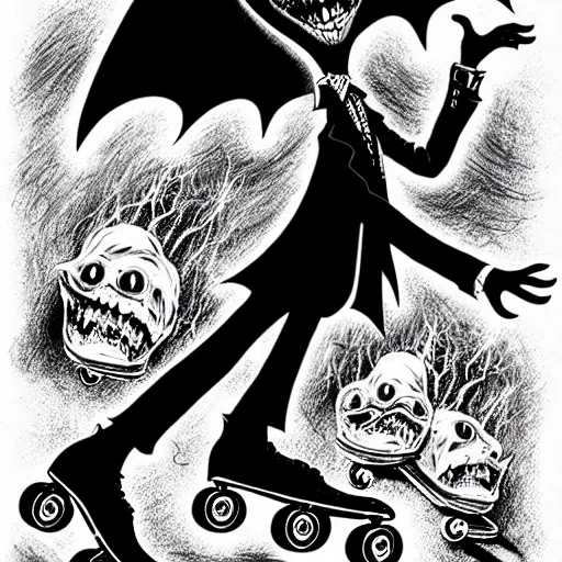 Image similar to black and white trippy full body depiction of dracula the vampire roller skating on roller skates, drawn by martin rowson, tim burton, alex pardee, nekro petros afshar, james mcdermott, tim burton, cgsociety, awesome, stunning, 4 k