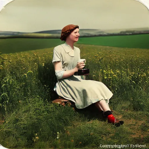 Prompt: ireland in the 1 9 3 0 s. technicolor. a girl is drinking a cup of tea in a field. soft lighting