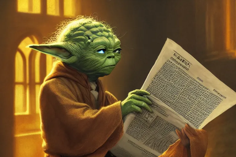 Prompt: a beautiful ultradetailed fine art photo of yoda reading a newspaper in a monastery, by tom bagshaw and zach sutton, backlight, 5 0 mm lens, closeup shot, bokeh, golden ratio composition, sunset golden hour hues, very detailed, artstation, 8 k, highly coherent