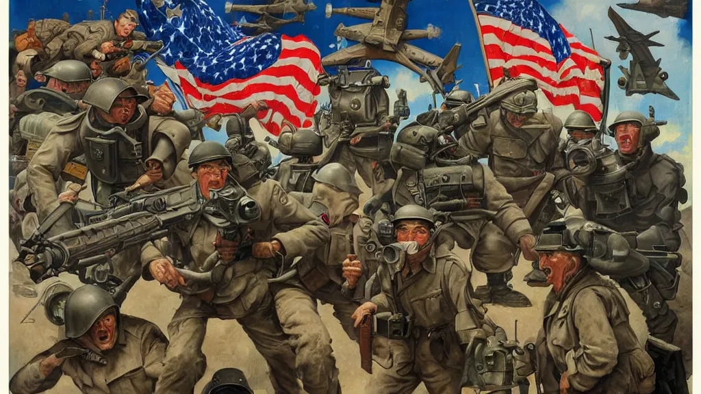 Image similar to American battle mechs of WWII in the style of Norman Rockwell, sci-fi illustrations, propaganda poster, highly detailed, intricate, photorealistic, award-winning, patriotic, american, dark, gritty, oil painting