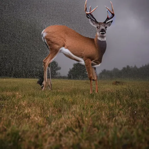 Image similar to 4 k hdr wide angle detailed portrait of a beautiful instagram model woman riding on top of a wild buck deer in a rain shower during a storm with thunder clouds overhead and moody stormy lighting sony a 7