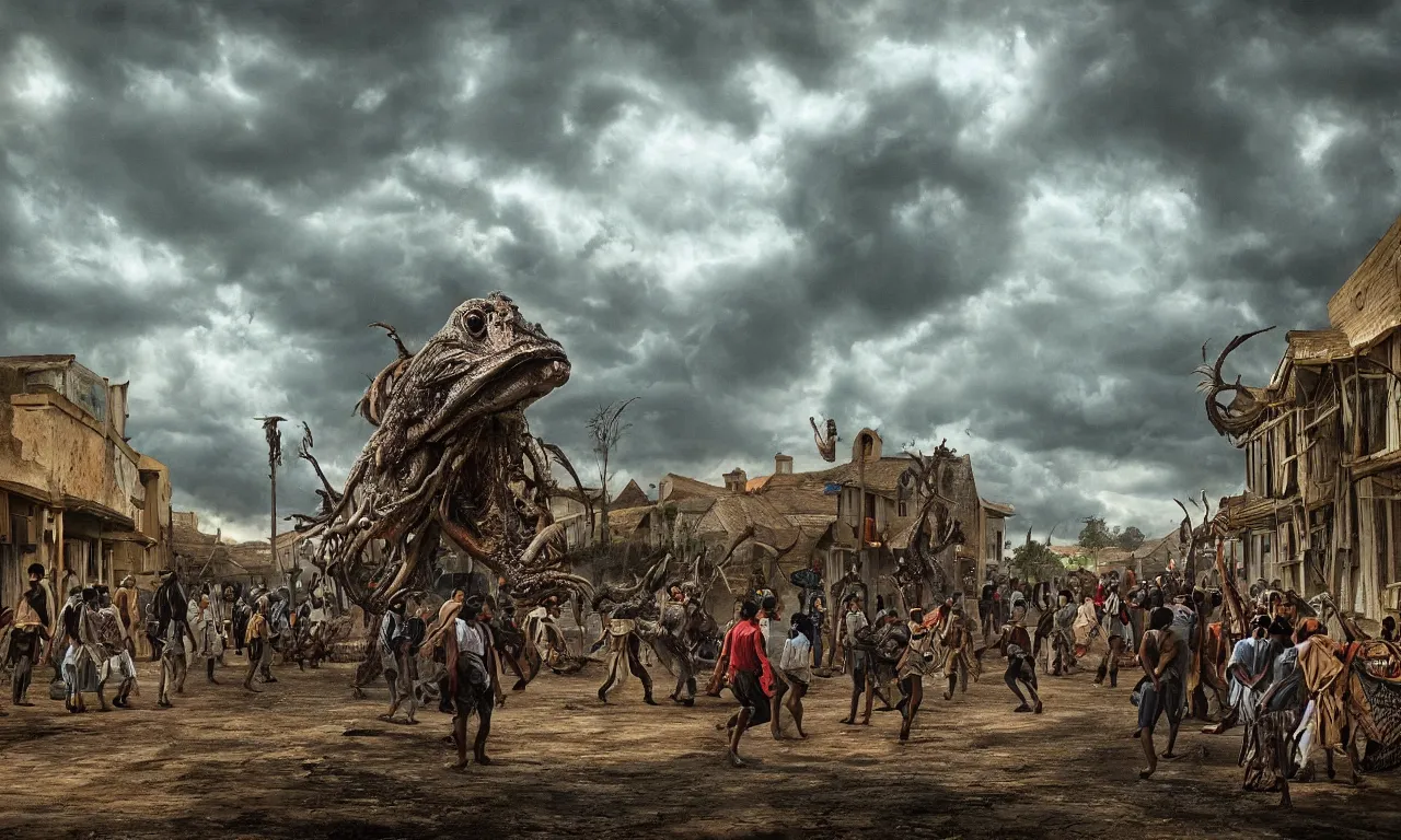 Image similar to on the street of Jamestown in Santa Elena in 1815 a gigantic monster that looks like a mixture of monk-fish with crocodile limbs, wet and slimy with a very large mouth,dragging its enormous weight with effort on the street, there are people fleeing in terror, photo-realistic, stormy sky, photo by national geographical