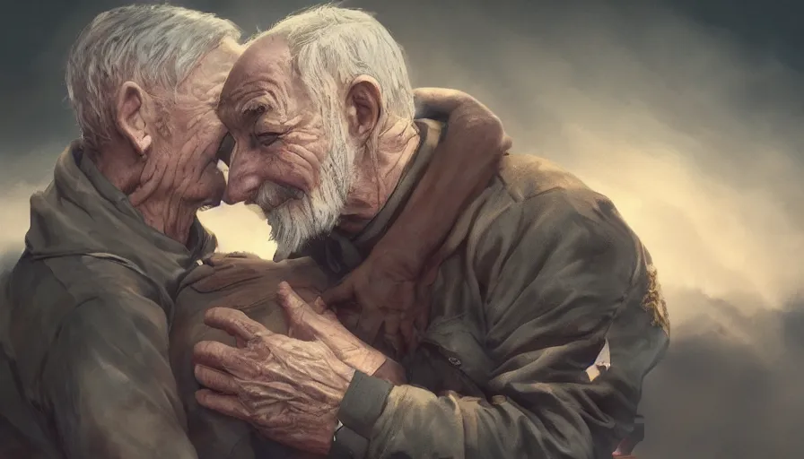 Prompt: Old man embraces his son during the war, hyperdetailed, artstation, cgsociety, 8k