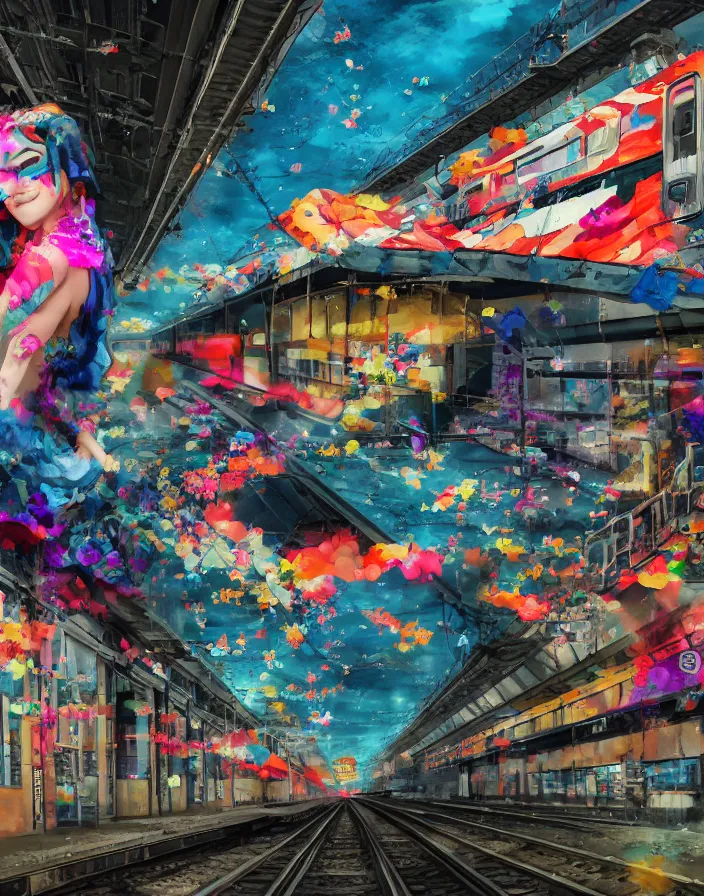 Prompt: semi semi realistic digital painting!! beautiful geisha flying over a colorful subway train yard, grunge, graffiti, tags, dramatic, xray melting colors!!, long lens, shallow depth of field, bokeh, anamorphic lens flare, 8 k, hyper detailed, 3 5 mm film grain