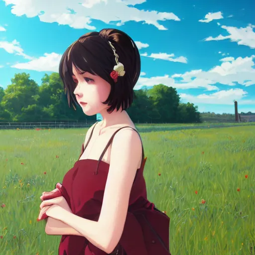 Prompt: portrait of a beautiful girl with dark hair wearing cottagecore style fashion, farm field background, rich vivid colors, ambient lighting, dynamic lighting, 4k, HQ, official media, anime key visual, makoto shinkai, ilya kuvshinov, lois van baarle, rossdraws, detailed, trending on artstation