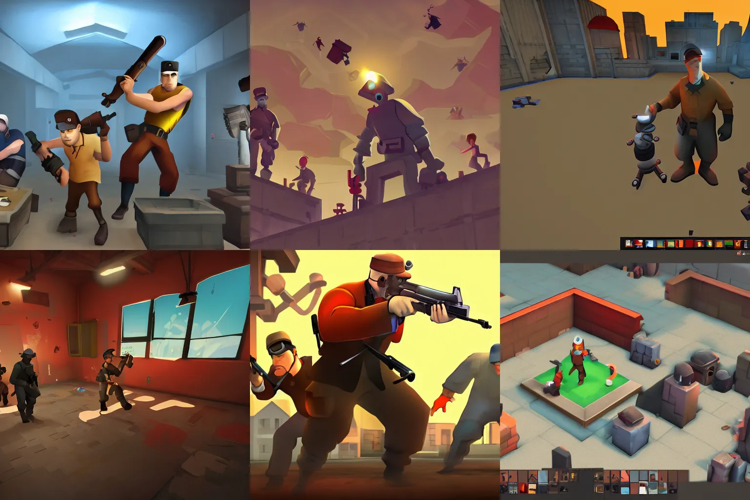 Prompt: team fortress 2 rendered as an artistic indie game