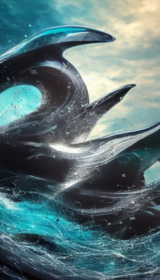 Image similar to color pentax photograph of a biomechanical orca spirit emerging from the sea, made up of bits of plastic and skin and metal, shiny, wet, made of nanomaterials, metallic, solarpunk, post apocalyptic, hyper realistic, epic angle, octane render, unreal engine render, 8k, super detailed, SLEEK!!