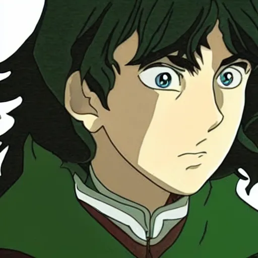 Image similar to peregrin took from the anime lord of the rings (1986), dark hair, green cape, hobbit, studio ghibli, very detailed, realistic