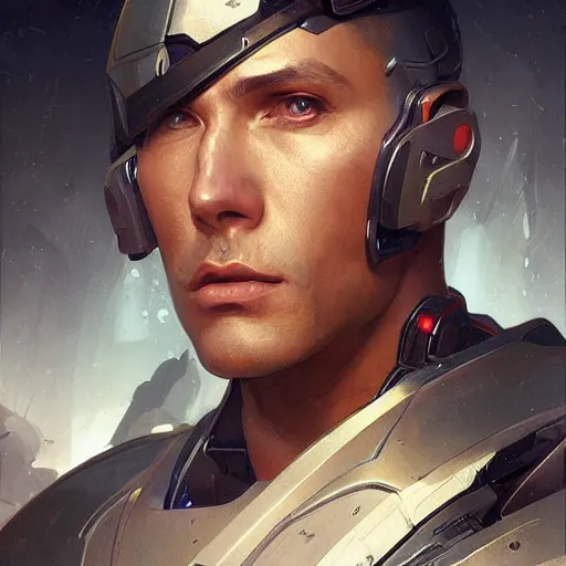 Prompt: male cyborg soldier, painted sci-fi character portrait, highly detailed, digital painting, artstation, concept art, sharp focus, illustration, art by artgerm and greg rutkowski and alphonse mucha