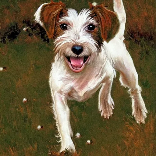 Image similar to a high quality painting of a very cute scruffy wire haired jack russell terrier puppy, white with chocolate brown spots, brown patches over both eyes. he is running through a field. painting by norman rockwell