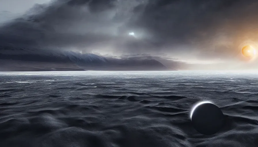 Image similar to solar eclipse in iceland, black sand, dramatic clouds, jessica rossier, art station