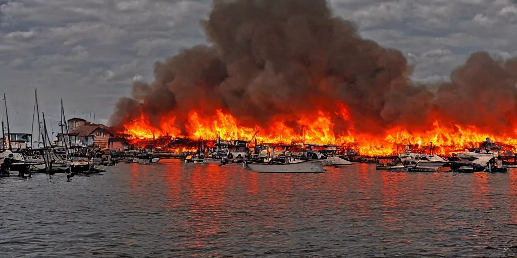 Prompt: boat harbor on fire by david burton