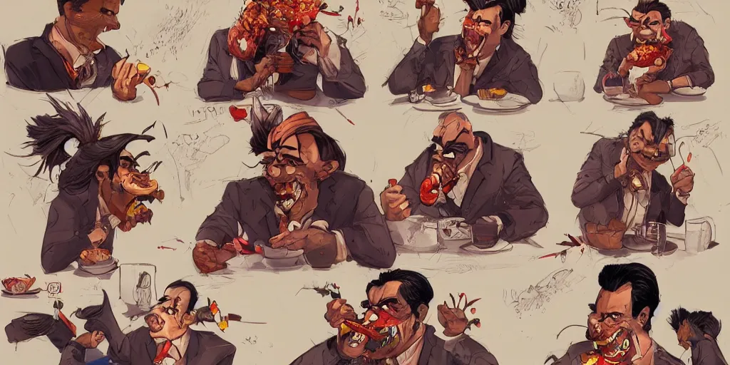 Prompt: cartoonish many sides of nick cave eating dinner, vivid colors, character sheet, fine details, concept design, contrast, kim jung gi, greg rutkowski, trending on artstation, 8 k, full body, turnaround, front view, back view, ultra wide angle