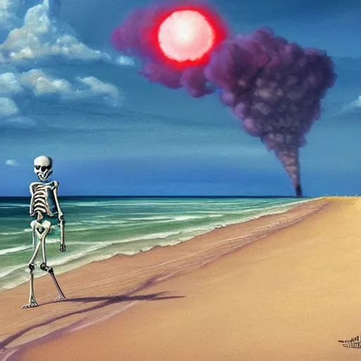 Prompt: Beautiful digital painting portrait of relaxed skeleton walking on the tropical beach with (nuclear bomb explosion in the background)!!!, by James Gurney, high quality, trending on Artstation, realistic, tropical color scheme, anatomically correct skeleton, high coherence, clear blue sky