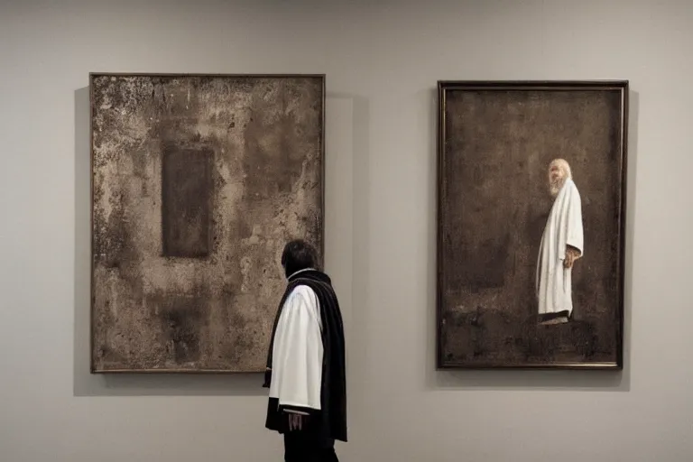 Image similar to man wearing old weathered robe in front of the framed painting, in the minimalistic retrofururistic art gallery, by rutkovski and beksinski