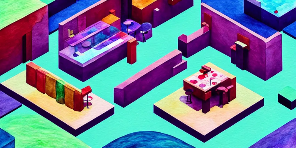 Prompt: an indoor modern cafe, watercolor and wool felting style, design by beeple and kandinsky, isometric style