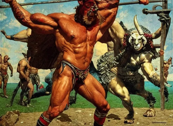 Image similar to full body portrait of dorian yates as the greek minotaur, dynamic action, by norman rockwell and jesper ejsing and tom lovell and frank schoonover