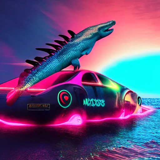 Prompt: a black mosasaurus with neon blue and neon pink fins and skin in water swimming, octane render, trending on artstation, digital art, 4k, high detail, high detail, realistic, fantasy, Ark, Ark Survial evolved