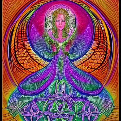 Image similar to flower of life godess portrait in the style of Alex grey