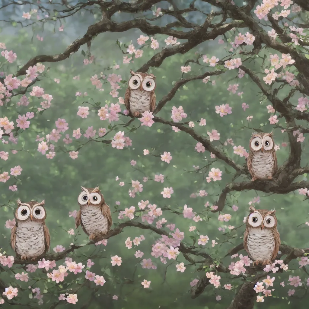 Prompt: film still of happy content cute owls wearing flowers and hats, in a field of delicate dainty blossoms, makoto shinkai, cinematic lighting, volumetric lighting, sunny, highly detailed, hand drawn, intricate, illuminated, 8k