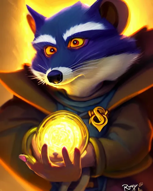 Image similar to closeup, highly detailed digital illustration portrait of hooded sorcerer sly cooper raccoon casting a magical glowing spell in a castle, action pose, d & d, magic the gathering, by rhads, lois van baarle, jean - baptiste monge, disney, pixar,
