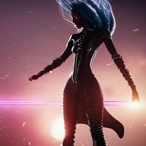 Prompt: futuristic black samurai in fighting pose high fashion photoshoot, elaborate hair, intricate details, jewelry, thin bodysuit, :: octane render, volumetric lighting, trending on artstation, anime girl, ue5, rossdraws, blender render, photoreal, sci-fi, science fiction, :: Madison beer, Jessica alba, megan fox, adriana lima