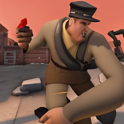 Image similar to Team Fortress 2 screenshot with Heavy eating Scout while Medic laughs